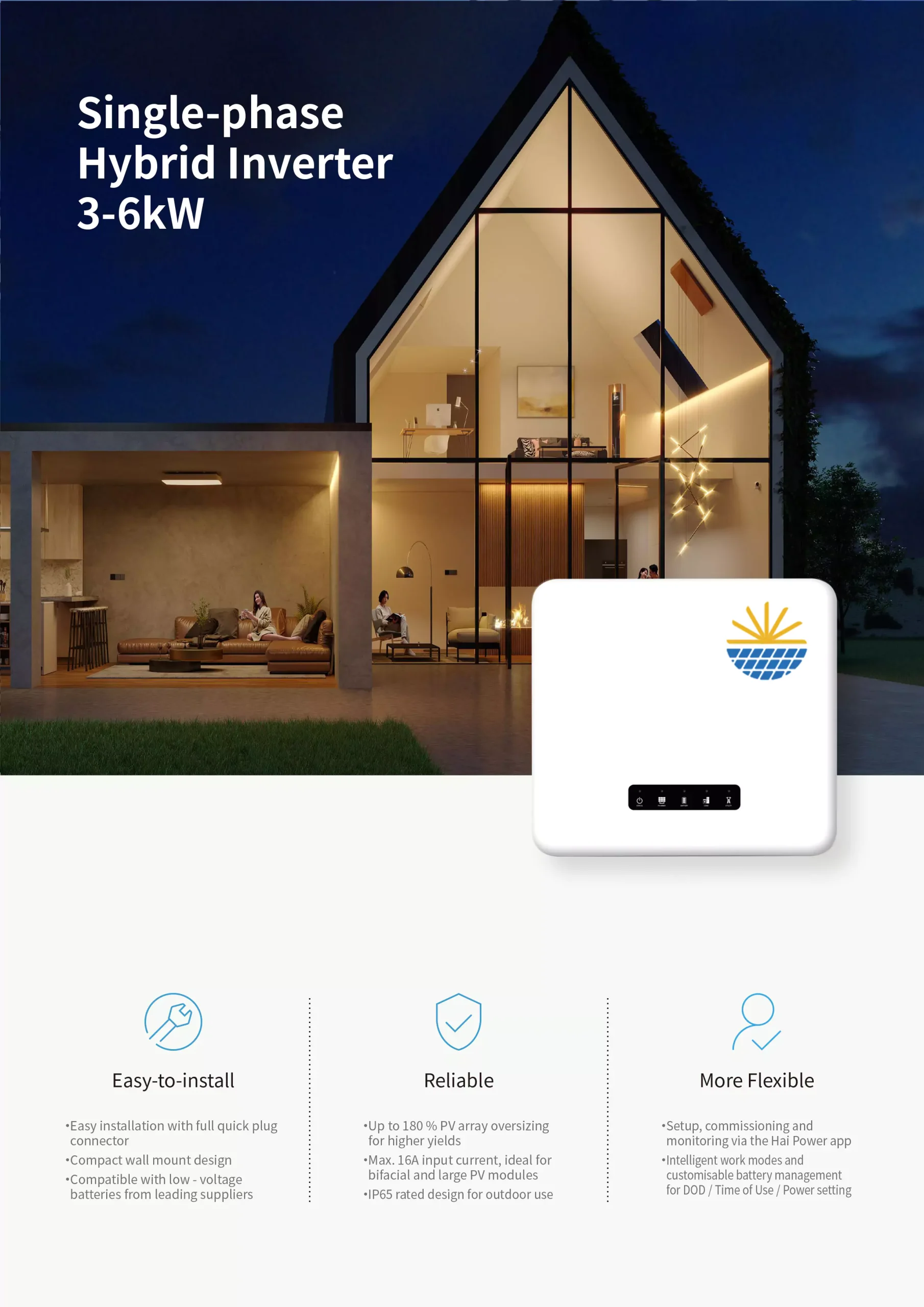 3kW / 3.6kW / 4kW / 5kW / 6kW Hybrid Solar Inverter (Single Phase)